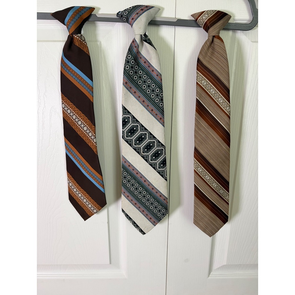 Vintage Mens Clip On Ties Lot of 3 Botany 500 Regalo 70s Geometric Striped Retro
